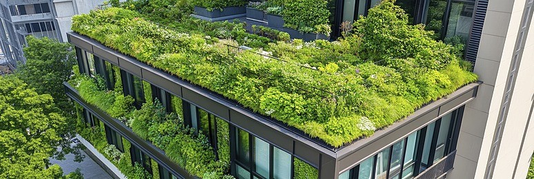 Aerial view of a modern green roof design in the city, with rooftop gardens