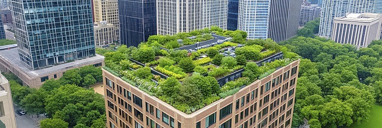 Aerial view of a modern green roof design in the city, with rooftop gardens